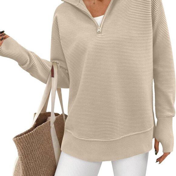 Womens Long Sleeve Quarter Zip Pullover Sweater Casual Loose V Neck Collared Rib - Picture 1 of 5